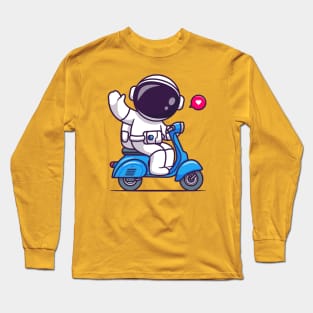 Cute Astronaut Waving Hand On Scooter Cartoon Long Sleeve T-Shirt